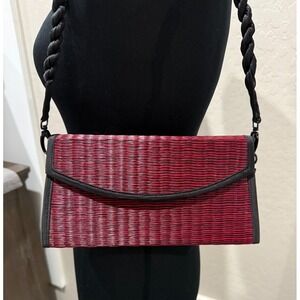 Baskets Of Cambodia Purse Clutch Red & Black Straw - Braided Shoulder Strap